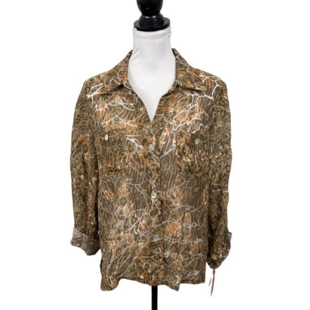 Hearts of Palm Blouse Size 14 Animal Print Semi-Sheer Collared Button-Down NEW